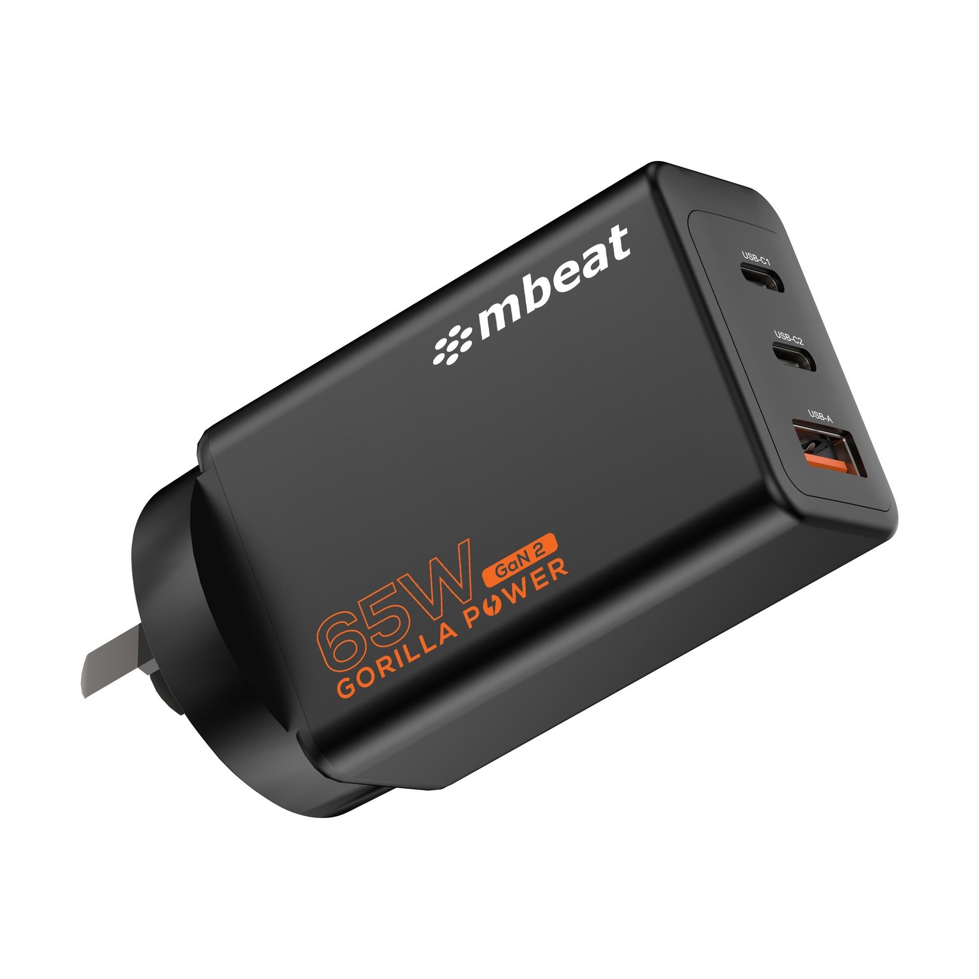 mbeat Gorilla Power PD 65W GaN II USB-C Charger 50% smaller than the standard Supports a wide range of devices Product Weight: 109g, MB-PD65W2CA-K