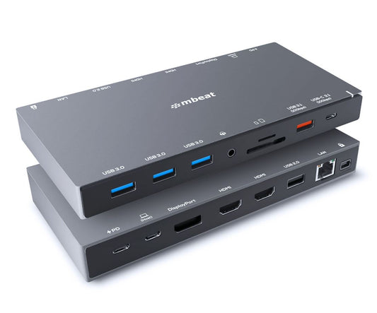 mbeat 15-in-1 Triple Display USB-C Docking Station 2x HDMI 1x DP 1x 100W PD 3.0 1x USB-C 3.1 Gen2 3x USB 3.0 1x USB 3.1 Gen2 MicroSD/SD Card 1x 1Gb, MB-UCD-X15