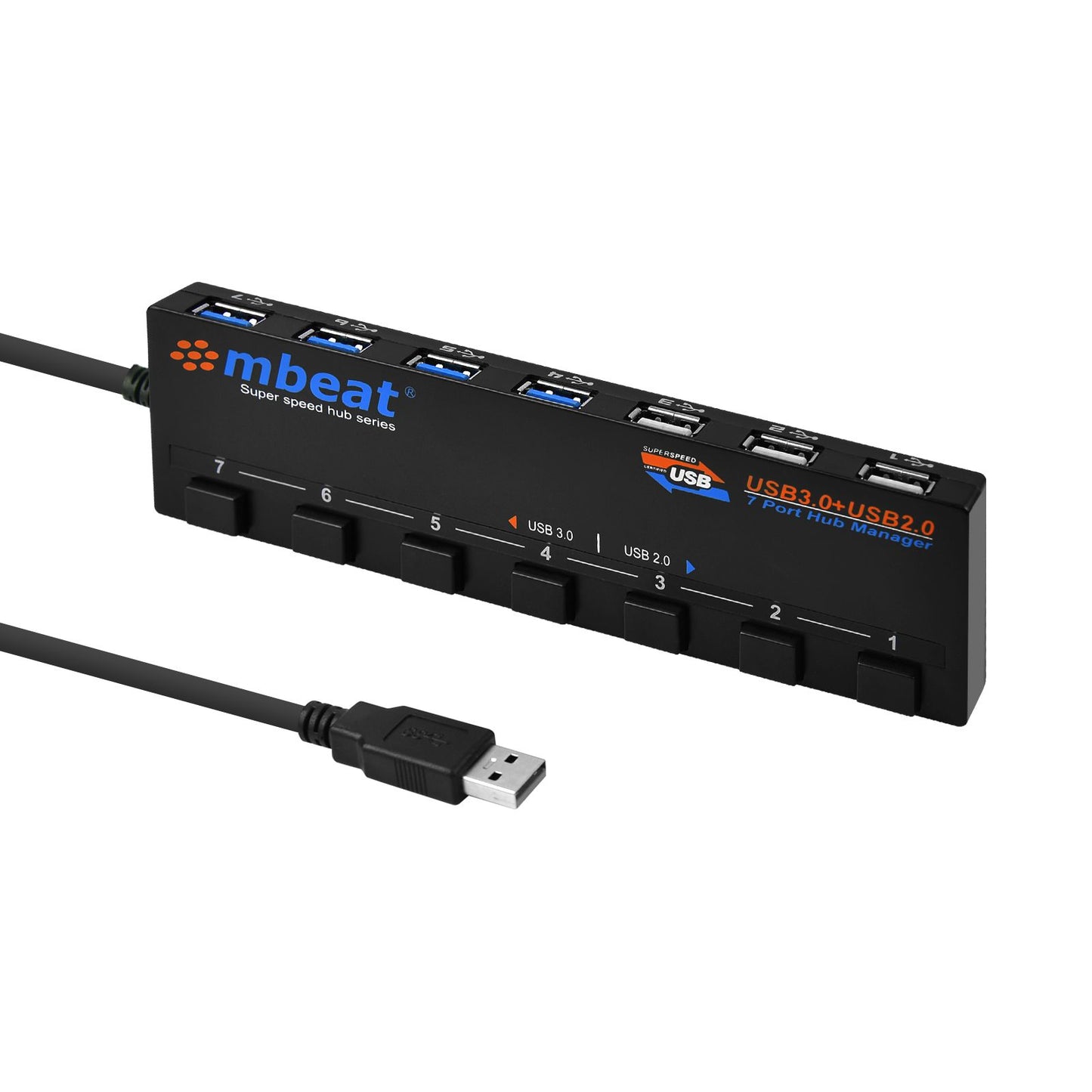 mbeat 7-Port USB 3.0 & USB 2.0 Powered Hub Manager with Switches - 4x USB 3.0 with 5Gbps/3x USB 2.0 with 2.4Ghz(480Mbps)/Super Fast Hub Weight: 129g, USB-M43HUB