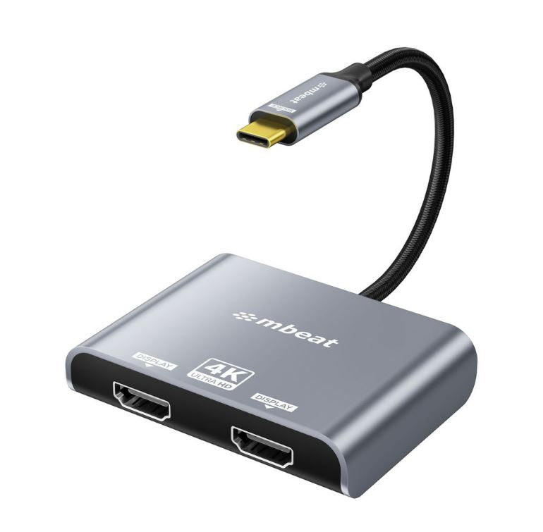mbeat Tough Link USB-C to Dual 4K/60Hz HDMI MST Adapter 4K (3840x2160) @ 60Hz, 4K (3840x2160) @ 30Hz, 2K (2560x1440) @ 60Hz- Space Grey, MB-XAD-C2HDM