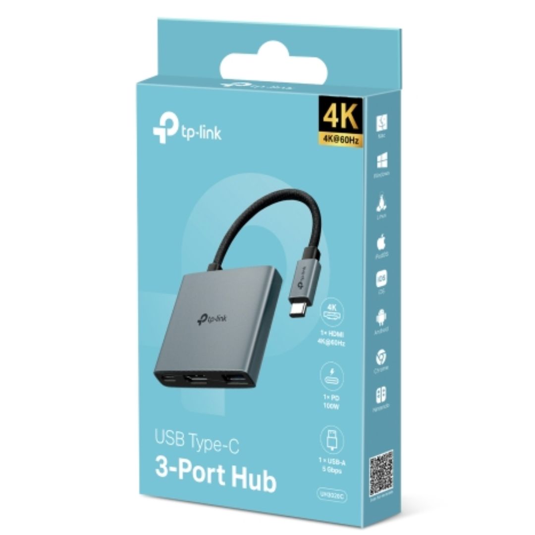 TP-Link UH3020C USB Type-C 3 in 1 Hub, 4K@60Hz HDMI, 100W Power Delivery, 1x USB-A Data Ports.