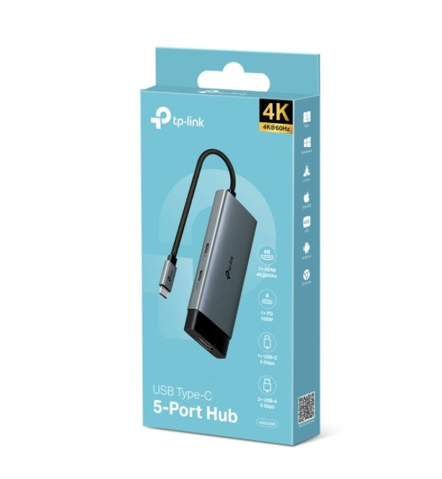 TP-Link UH5020C USB Type-C 5 in 1 Hub, 4K@60Hz HDMI, 100W Power Delivery, 1x USB-C Data Port, 2x USB-A Data Ports.