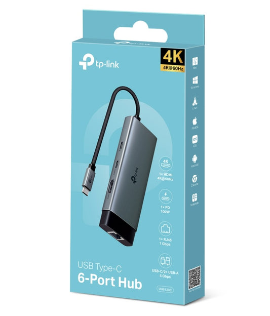 TP-Link UH6120C USB Type-C 6-Port Hub,4K@60Hz HDMI, 1 Gbps ethernet, 100W Power Delivery, 1x USB-C Data Ports, 2x USB-A Data Ports.