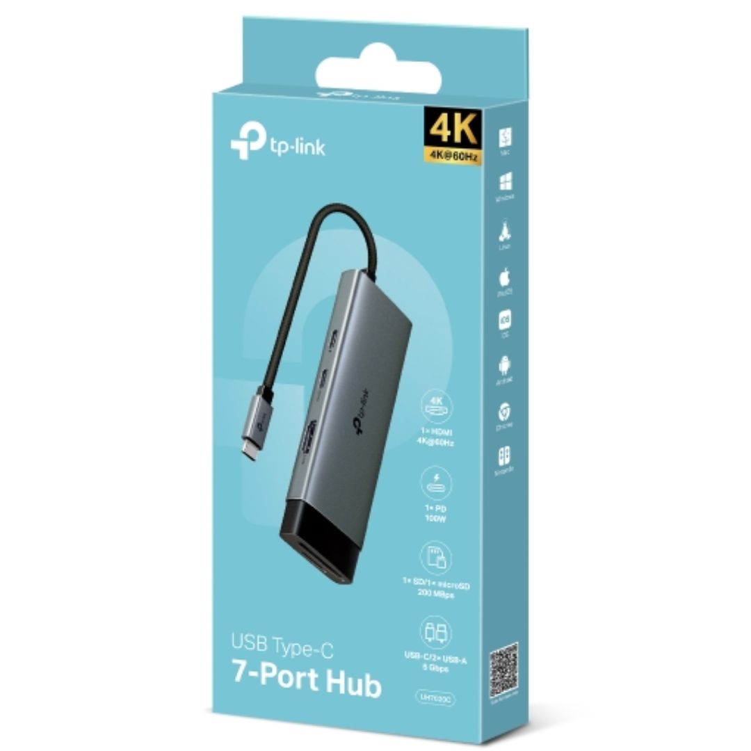 TP-Link UH7020C USB Type-C 7 in 1 Hub, 4K@60Hz HDMI, SD & microSD UHS-I, 100W Power Delivery, 1x USB-C Data Port, 2x USB-A Data Ports.