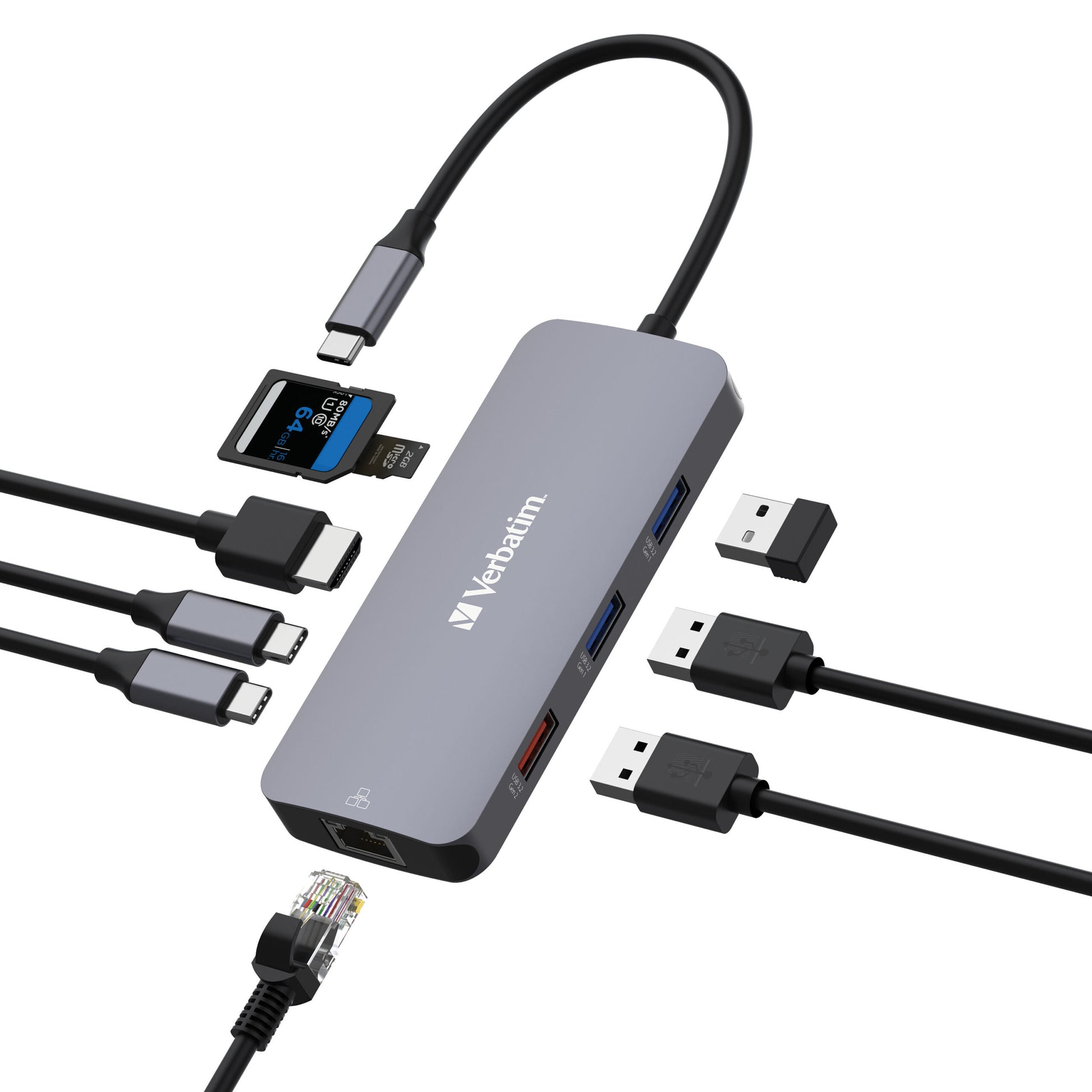 Verbatim USB-C Pro Multiport Hub 9 Ports,1 x HDMI, 1 x RJ45, 2 x USB-C 3.2 Gen2, 1 x USB-A 3.2 Gen2, 2 x USB-A 3.2 Gen1, 1 x SD card slot, 1 x microSD, 32152