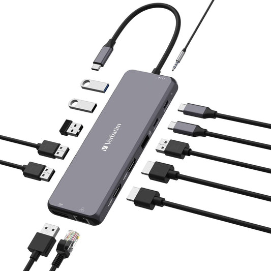 Verbatim USB-C Pro Multiport Hub 13 Port,2 x HDMI, 1 x DisplayPort, 1 x RJ45, 3 x USB-A 3.2 Gen 1, 1 x USB-A 3.2 Gen 2, 2 x USB-A 2.0, 1 x Audio, 2 x, 32153
