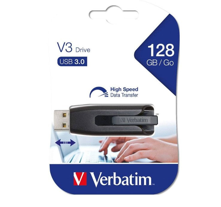 Verbatim Store'n'Go V3 USB 3.2 SuperSpeed Drive 128GB - Backup Storage, Grey, Windows, Mac, Linux Compatible., 49189