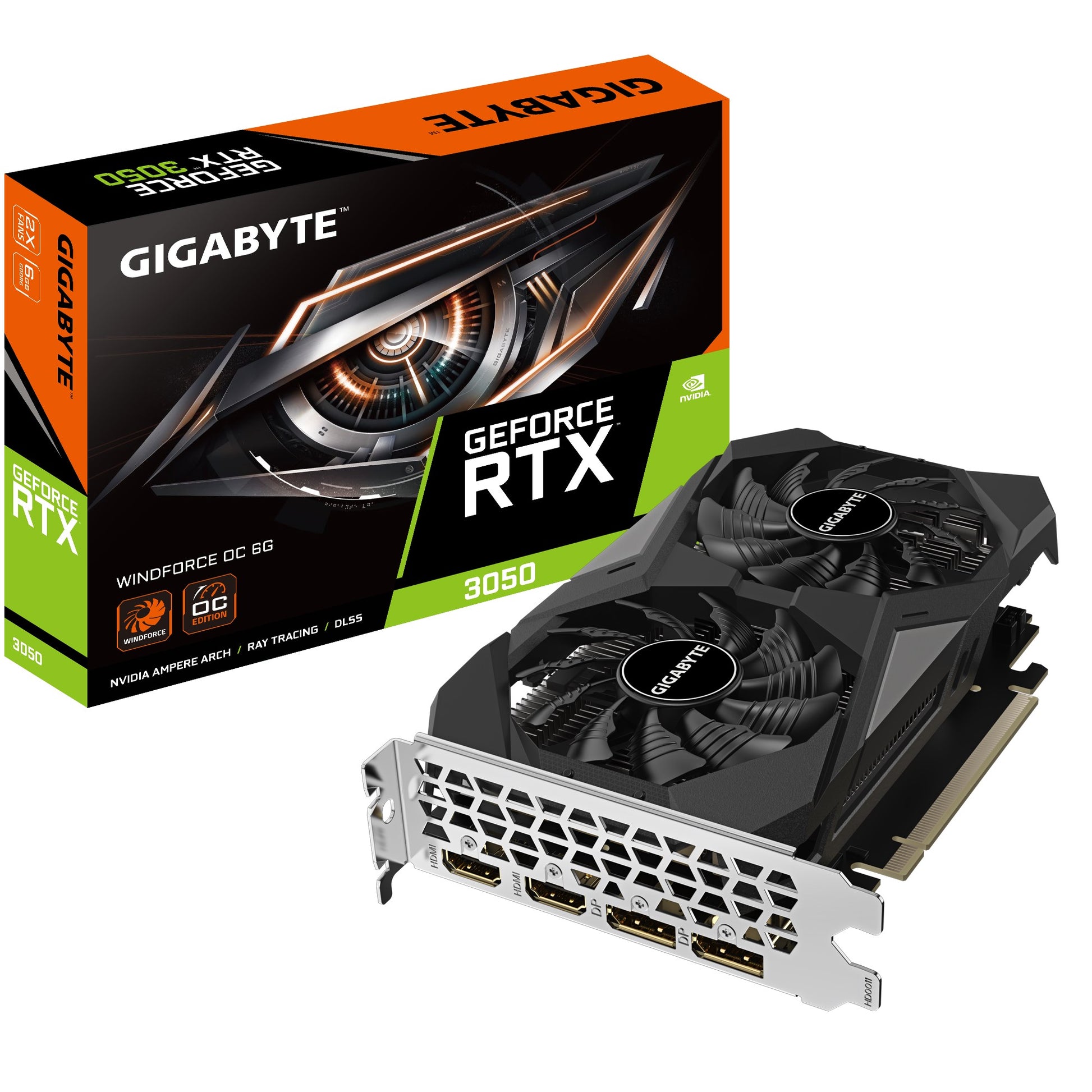 Gigabyte nVidia GeForce RTX 3050 WINDFORCE OC V2 6G, 1477 MHz, CUDA 2304, 14000 MHz, GDDR6, 96 bit, PCI-E 4.0, PSU 300W, DP1.4a*2 HDMI 2.1*2, GV-N3050WF2OCV2-6GD