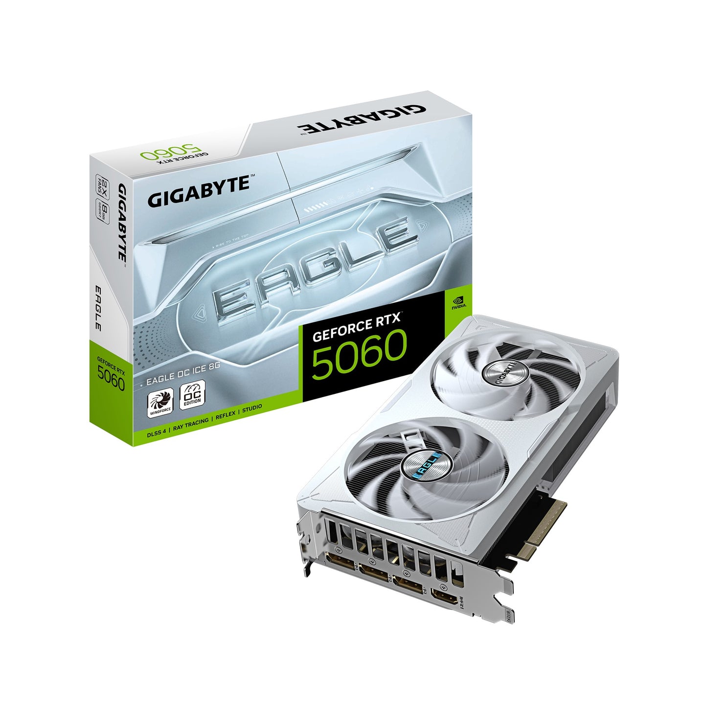 Gigabyte GeForce RTX 5060 EAGLE OC ICE 8G, 2550 MHz, CUDA 3840, 28 Gbps, GDDR7, 128 bit, PCI-E 5.0, PSU 450W, DisplayPort 2.1b *3 HDMI 2.1b x1, GV-N5060EAGLEOC ICE-8GD