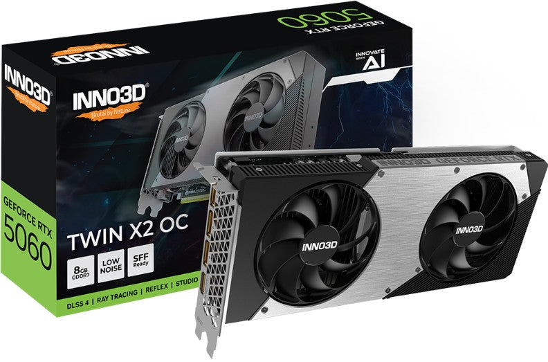 INNO3D nVidia GeForce RTX 5060 TWIN X2 OC 8GB GDDR7, 2527MHz Boost Clock, RAM 28Gbps, 3xDP, 1xHDMI 250x116x41mm, N50602-08D7X-195070N