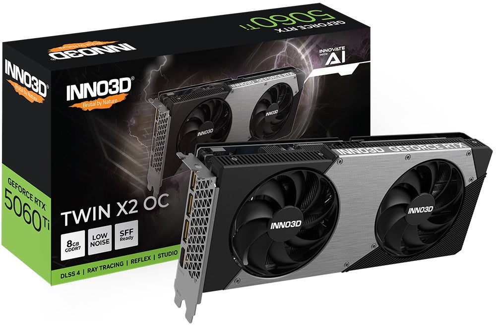 INNO3D nVidia GeForce RTX 5060 Ti TWIN X2 OC 8GB GDDR7, 2602MHz Boost Clock, RAM 28Gbps, 3xDP, 1xHDMI, 250x116x41mm, N506T2-08D7X-193075N